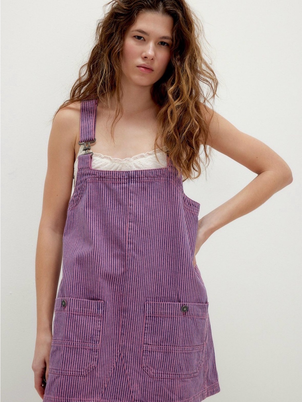 Free People Purple Striped Denim Pinafore Overall Dress